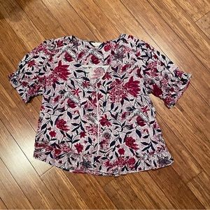 Lucky Brand burgundy and navy floral v neck top, ruffle hem, puff sleeve, size L